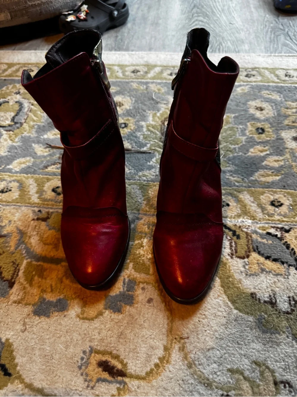 Women's Burgundy Ankle Booties with Decorative Buckle Detail